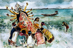 Durga bishorjon or immersion ceremony on the Hoogly, Kolkata, India